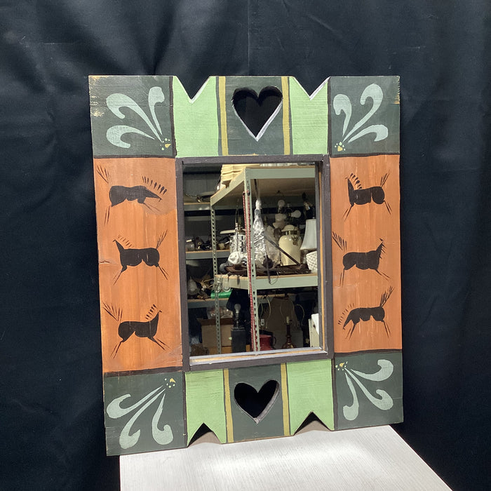 Hand-Painted Folk Art Wall Mirror With Carved Hearts 22" x 28"