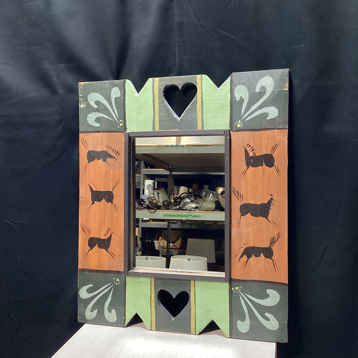 Hand-Painted Folk Art Wall Mirror With Carved Hearts 22" x 28"