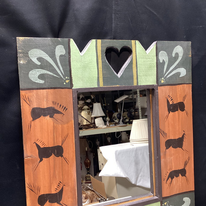 Hand-Painted Folk Art Wall Mirror With Carved Hearts 22" x 28"
