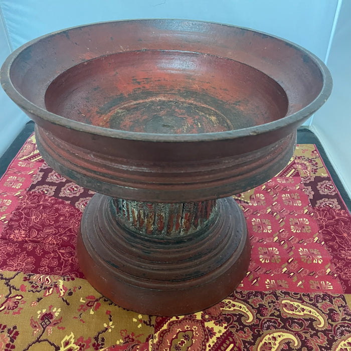 Handcrafted Wooden Thai/Burmese Red Lacquer Tazza /Offering Vessel, 12"x 10"