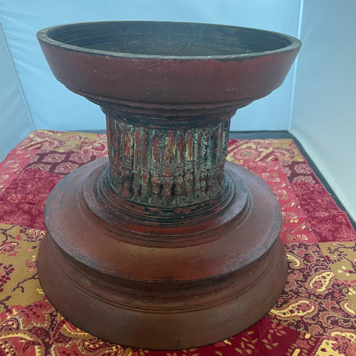 Handcrafted Wooden Thai/Burmese Red Lacquer Tazza /Offering Vessel, 12"x 10"