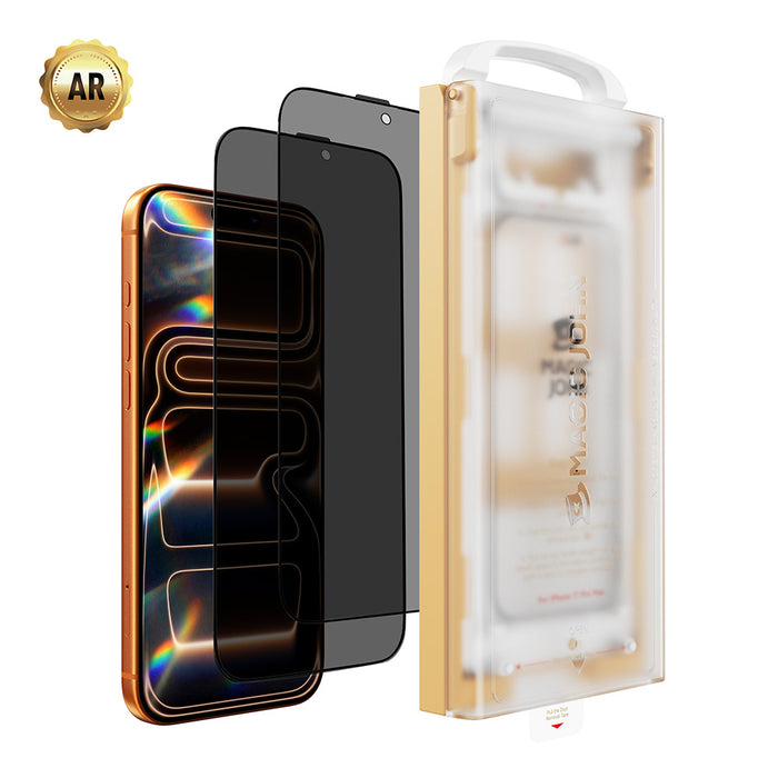 Three tempered glass screen protectors of varying transparency are shown in front of a gold smartphone, alongside the product's transparent packaging with a white handle. A gold AR badge is in the top-left corner.