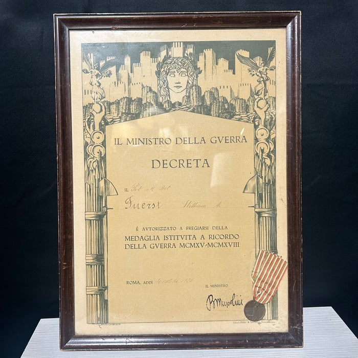 Italy Italian 1920 WW1 Remembrance Medal & Document 14"x 19.5"