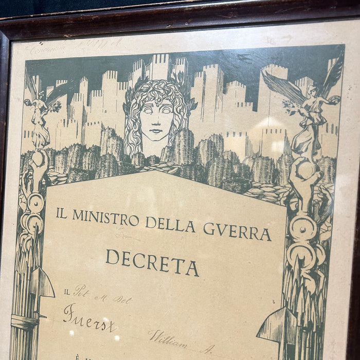 Italy Italian 1920 WW1 Remembrance Medal & Document 14"x 19.5"
