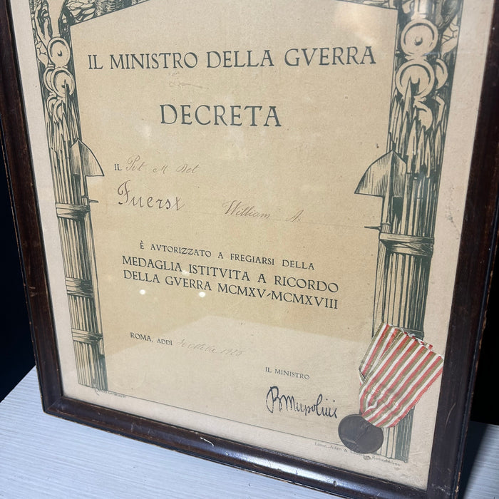 Italy Italian 1920 WW1 Remembrance Medal & Document 14"x 19.5"