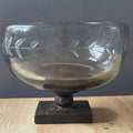 Jan Barboglio Iron Pedestal Etched Leaves,Blown Glass Chalice, 6.75"x 5"