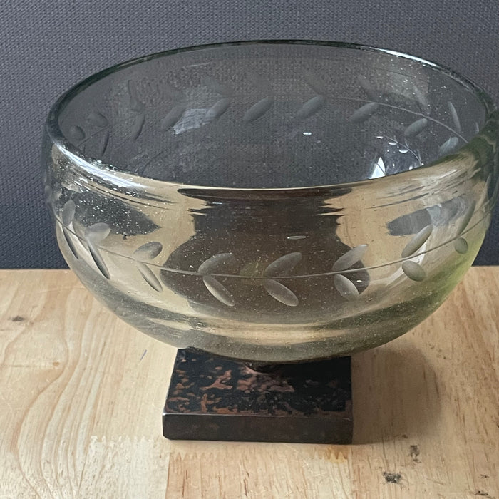 Jan Barboglio Iron Pedestal Etched Leaves,Blown Glass Chalice, 6.75"x 5"