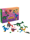 Plus-Plus Learn to Build Dinosaurs set with 600 colourful pieces and 2 building plates for creating 3D dinosaur figures like brontosaurus, triceratops, and velociraptor