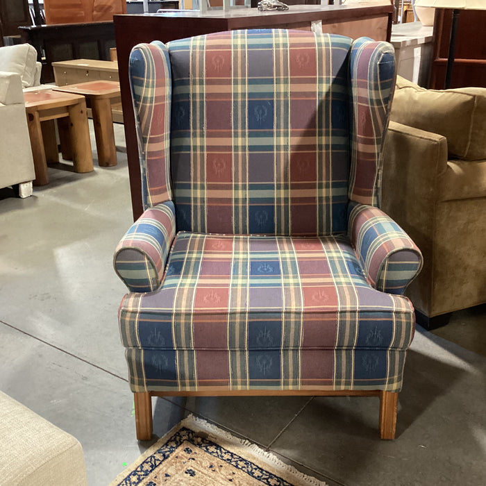 Loren Mitchell Blue Red Green with Crest Plaid Wing Chair 35"x 36"x 44"