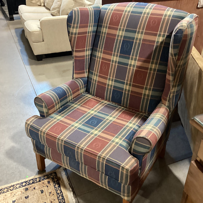 Loren Mitchell Blue Red Green with Crest Plaid Wing Chair 35"x 36"x 44"
