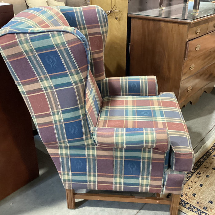 Loren Mitchell Blue Red Green with Crest Plaid Wing Chair 35"x 36"x 44"