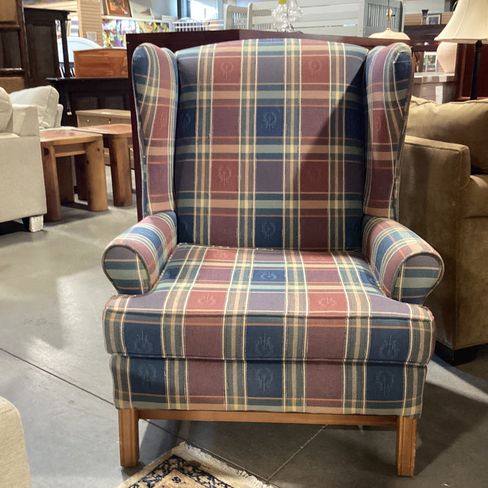 Loren Mitchell Blue Red Green with Crest Plaid Wing Chair 35"x 36"x 44"