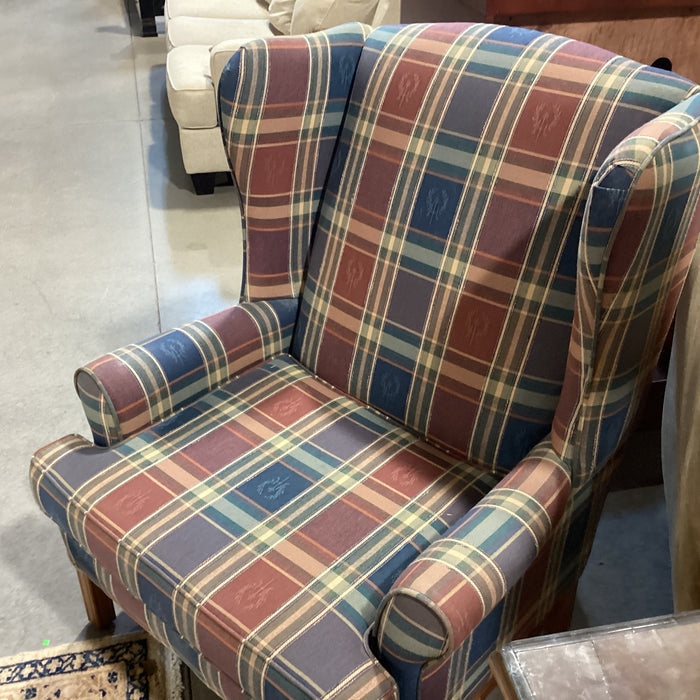 Loren Mitchell Blue Red Green with Crest Plaid Wing Chair 35"x 36"x 44"