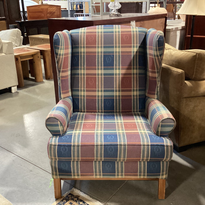 Loren Mitchell Blue Red Green with Crest Plaid Wing Chair 35"x 36"x 44"