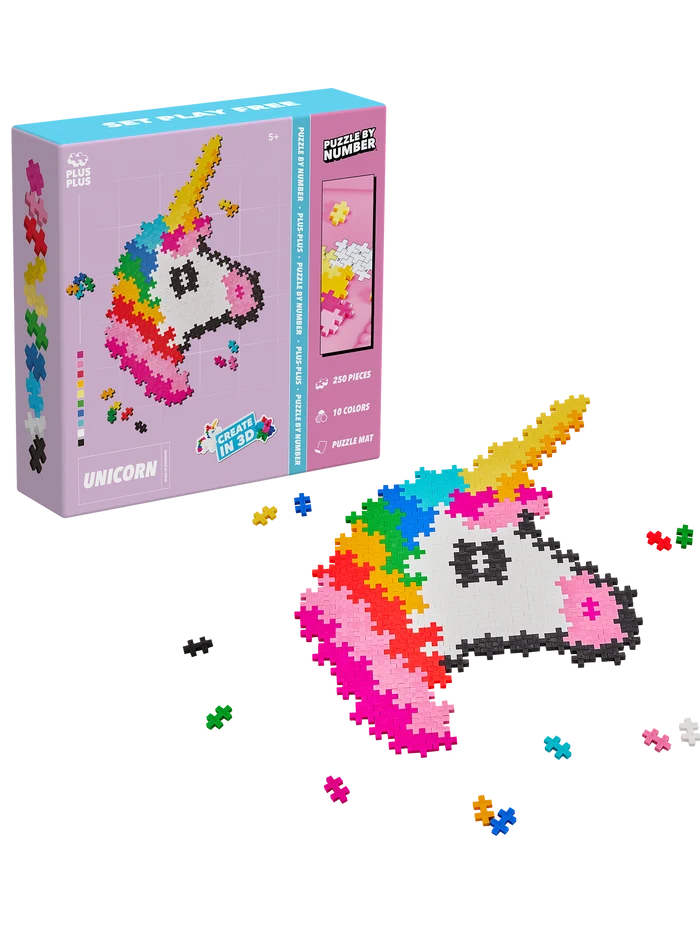Plus-Plus Puzzle By Number Unicorn set with 250 colorful pieces to build a 2D unicorn design using a color-by-number guide