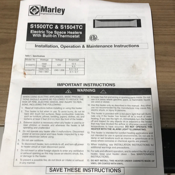 Marley Electric Toe Space Heater with Built-in Thermostat