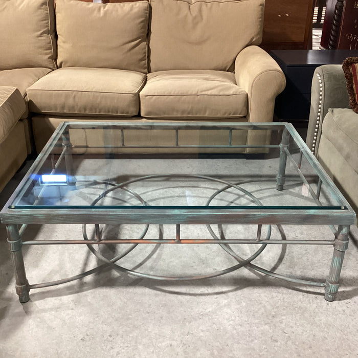 Metal with Verdigris Like Finish Glass Top Coffee Table 48"x 36"x 17"