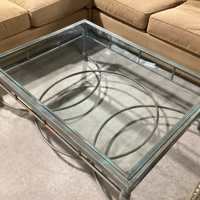 Metal with Verdigris Like Finish Glass Top Coffee Table 48"x 36"x 17"