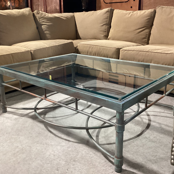 Metal with Verdigris Like Finish Glass Top Coffee Table 48"x 36"x 17"