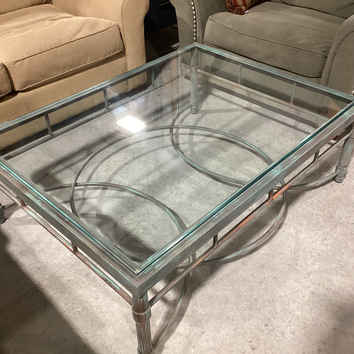 Metal with Verdigris Like Finish Glass Top Coffee Table 48"x 36"x 17"