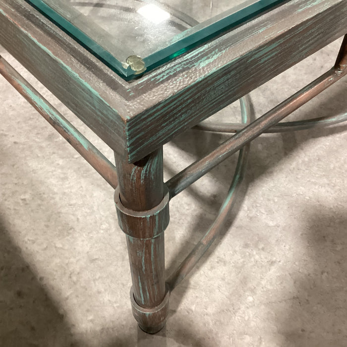 Metal with Verdigris Like Finish Glass Top Coffee Table 48"x 36"x 17"