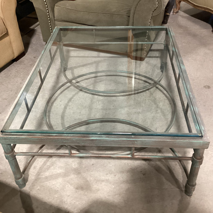 Metal with Verdigris Like Finish Glass Top Coffee Table 48"x 36"x 17"