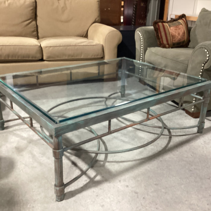 Metal with Verdigris Like Finish Glass Top Coffee Table 48"x 36"x 17"