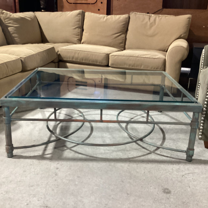 Metal with Verdigris Like Finish Glass Top Coffee Table 48"x 36"x 17"