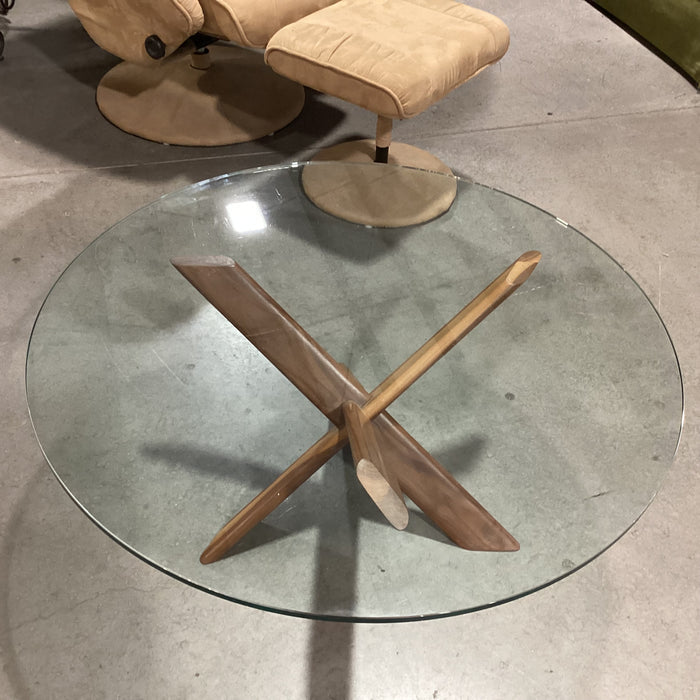 Mid Century Modern Style Walnut with Round Glass Coffee Table 36" Diameter x 15"