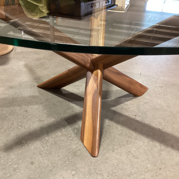 Mid Century Modern Style Walnut with Round Glass Coffee Table 36" Diameter x 15"