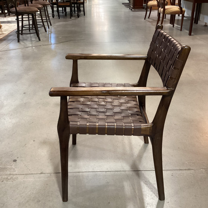 Mid Century Style Dark Finish Wood & Leather Basket Weave Chair 24"x 24"x 34"