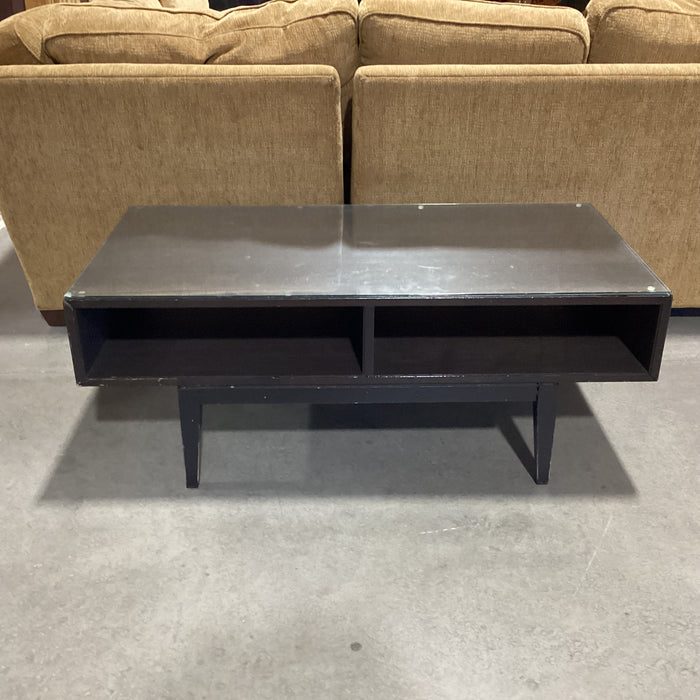 Mid Century Style Dark Wood & Veneer 2 Cubby Glass Top Coffee Table 46.5"x 23.5"x 18.5"