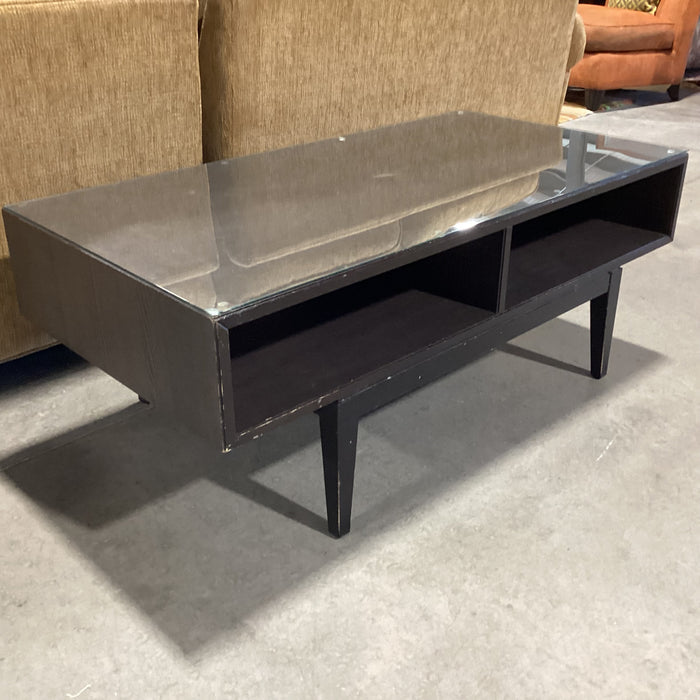 Mid Century Style Dark Wood & Veneer 2 Cubby Glass Top Coffee Table 46.5"x 23.5"x 18.5"