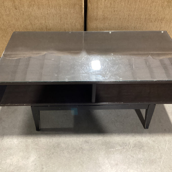 Mid Century Style Dark Wood & Veneer 2 Cubby Glass Top Coffee Table 46.5"x 23.5"x 18.5"