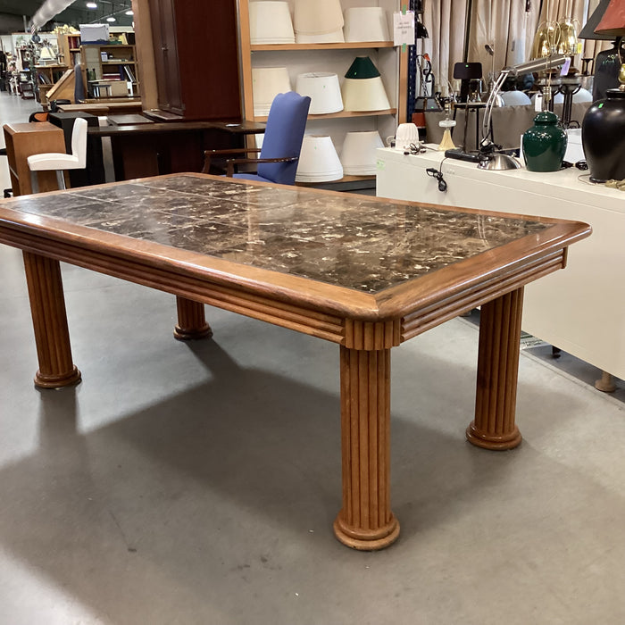 Oak with Ribbed Detail Column Legs & Stone Tile Inset Dining Table 82"x 45"x 30"