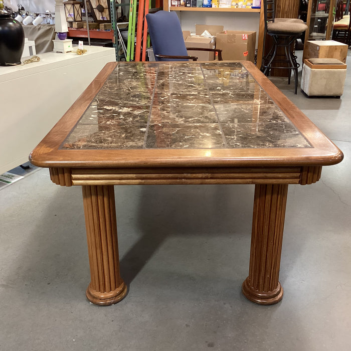 Oak with Ribbed Detail Column Legs & Stone Tile Inset Dining Table 82"x 45"x 30"