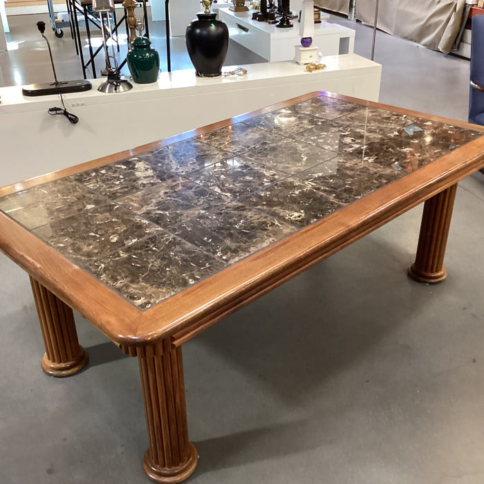 Oak with Ribbed Detail Column Legs & Stone Tile Inset Dining Table 82"x 45"x 30"