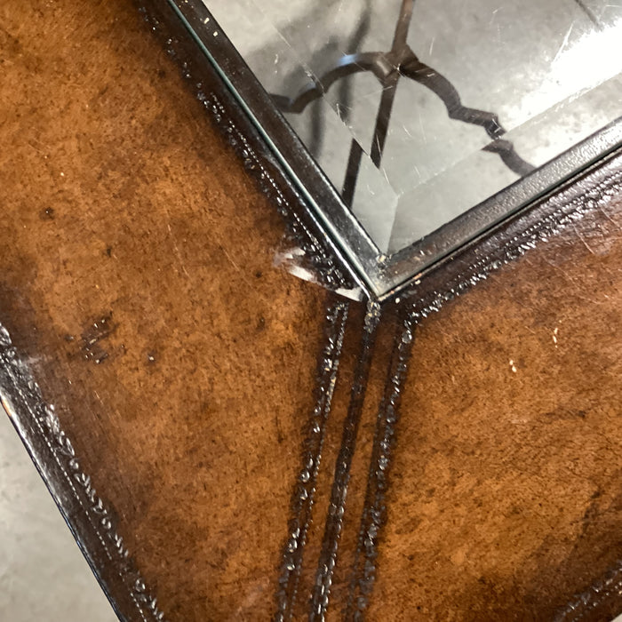 Ornate Iron & Leather Inset Glass Top Accent Table 30"x 30"x 27"