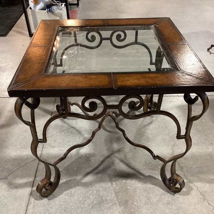 Ornate Iron & Leather Inset Glass Top Accent Table 30"x 30"x 27"
