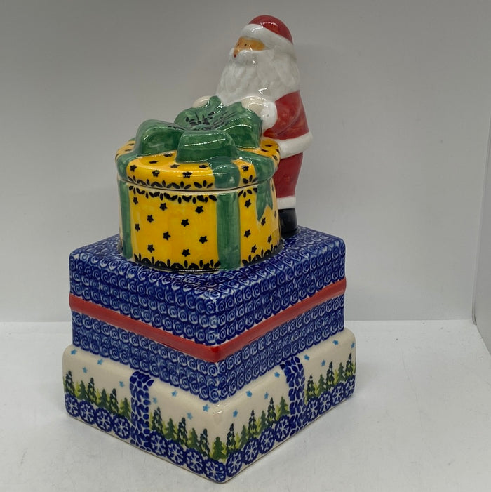 Pottery Misfit Santa Cannister with Trees
