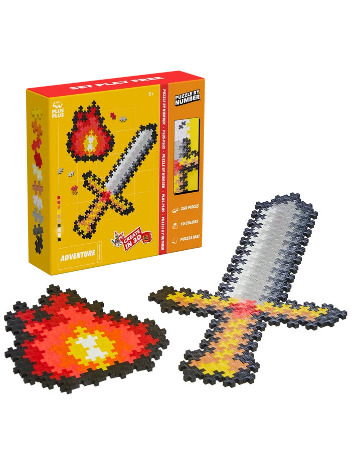 Plus-Plus Puzzle By Number Adventure set with 250 colorful pieces for creating a 2D sword and flame by matching numbers and colors using the included template