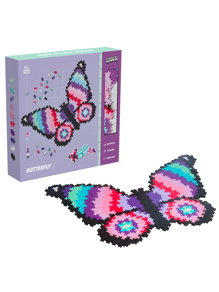 Plus-Plus Puzzle By Number Butterfly set with 800 colourful pieces and template to build a large 2D butterfly by matching numbers and colours