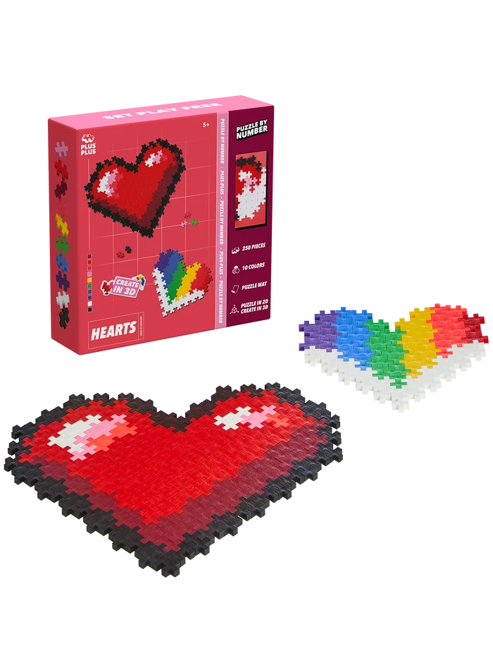 Puzzle By Number Hearts set with 250 colourful Plus-Plus pieces for building heart-shaped designs by matching numbers and colours on a template