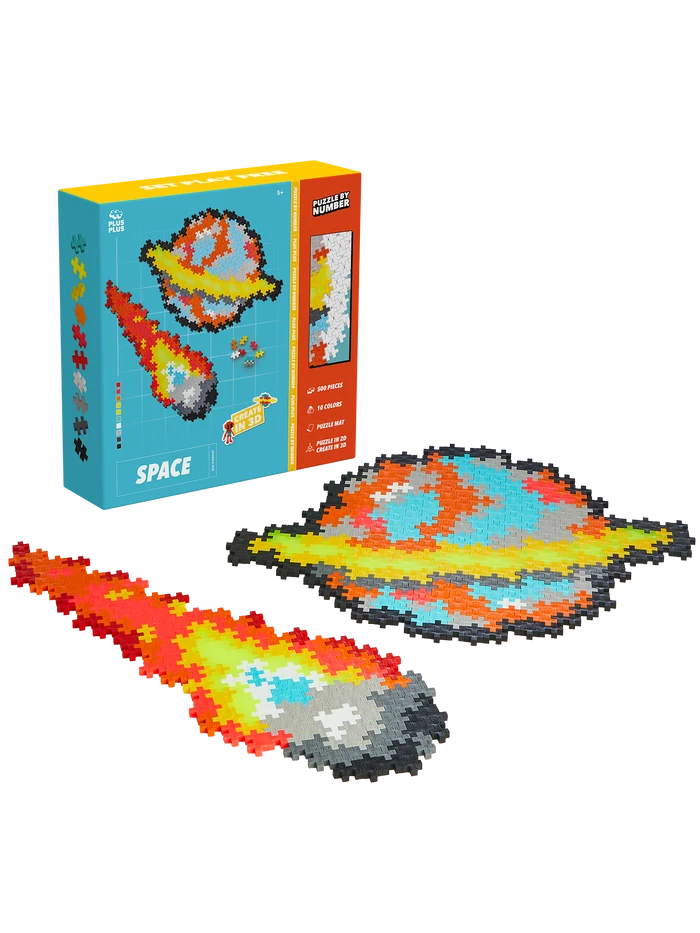 Puzzle By Number Space set with 500 colourful Plus-Plus pieces – build stars, planets, spaceships, and space creatures using numbers and colours in a fun, educational puzzle for kids and adults