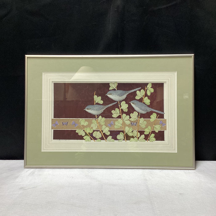 Radeaux Signed Birds and Butterflies Watercolor Original In Silver Frame 21.5" x 14.5"
