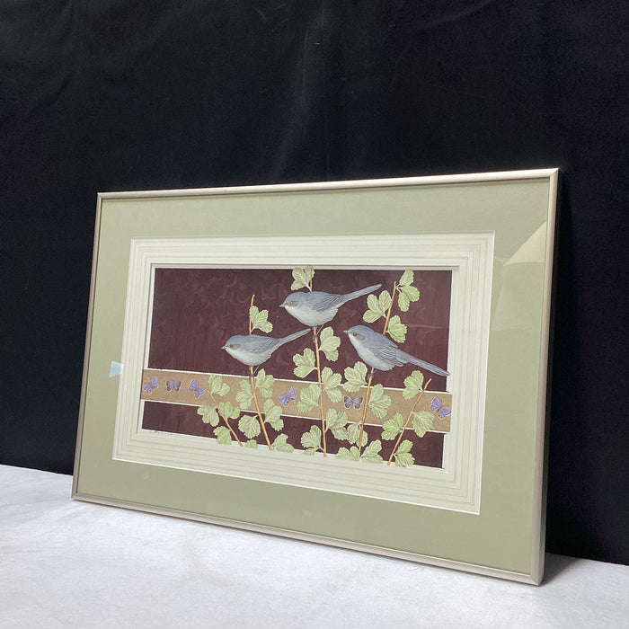 Radeaux Signed Birds and Butterflies Watercolor Original In Silver Frame 21.5" x 14.5"