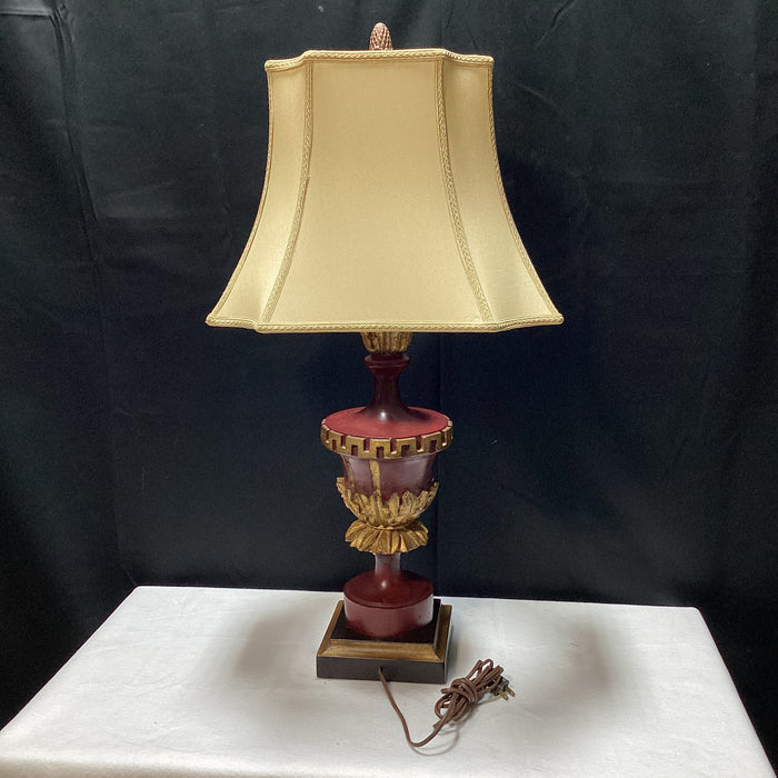 Red Neoclassical Style Table Lamp With Gold Accents And Shade 18" x 33" x 7"