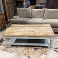Rustic Distressed Plank Top & Dove Grey Carved Wood Coffee Table 60"x 36"x 19"