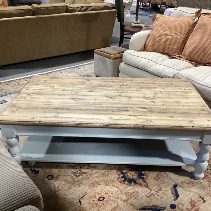 Rustic Distressed Plank Top & Dove Grey Carved Wood Coffee Table 60"x 36"x 19"
