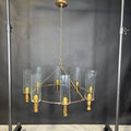 Rustic Industrial 8-Light Antiqued Brass and Glass Candle Chandelier 26” Diameter x 36”